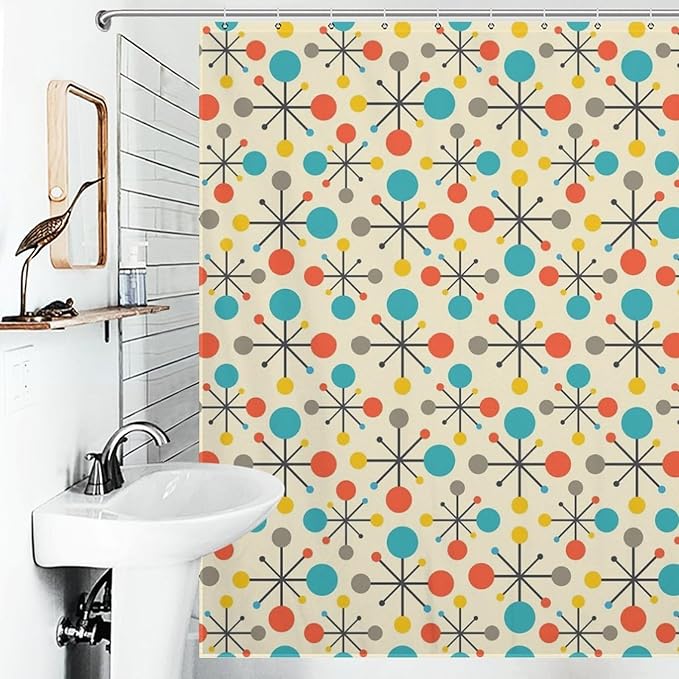 Mid Century Modern Shower Curtain,Atomic Retro Colourful Geometric Polka Dots Stripe Vintage 1950s Bathroom Curtain Polyester Waterproof Fabric Decor 72x72in（183x183cm）