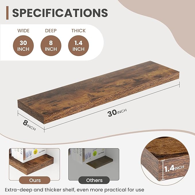 30 Inch Floating Shelves, 8 Inch Deep Floating Shelves for Wall, Hanging Shelf with Invisible Brackets, Deep Shelves for Bathroom, Bedroom, Living Room, Brown, Set of 2