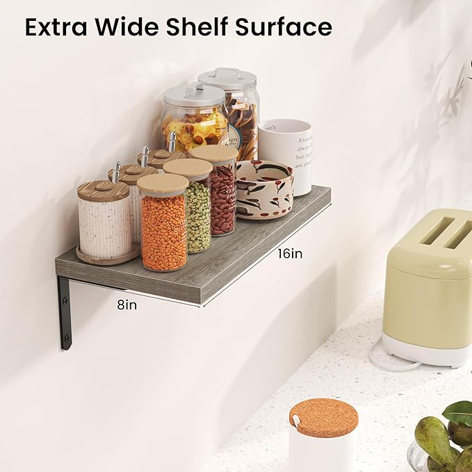Marsmiles Extra Wide Floating Shelves for Wall, 16x8 Inch Natural Wood Grain Bookshelves, Heavy Duty Mounted Shelving for Bathroom, Kitchen, Living Room, Bedroom,Set of 2，Grey