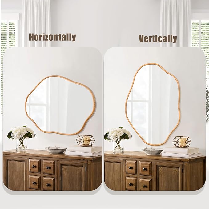 ULIKE Irregular Wall Mirror, 24x36 Inch Asymmetrical Wall Mirror with Solid Wood Frame, Mid-Century Modern Decor with Natural Wood, Vanity Mirrors for Bathroom Bedroom Living Room Entryway