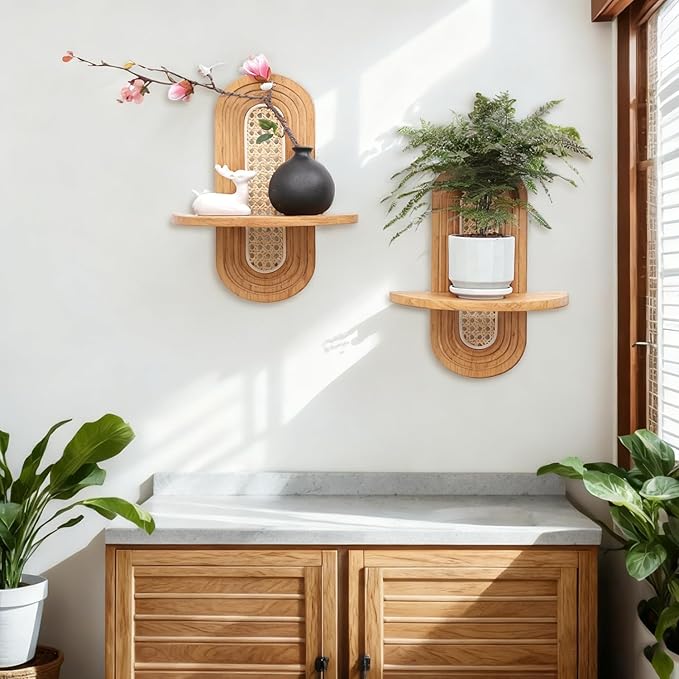 Floating Shelves for Wall, Boho Rattan Shelf Set of 2, Unique Small Decorative Shelf Wall-Mounted, Nature Wood Shelves for Living Room,Bedroom,Nursey Room (Natural)