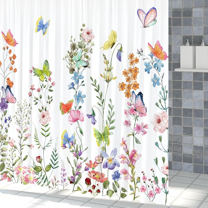 Spring Floral Butterfly Shower Curtain Summer Colorful Wildflowers Botanical Shower Curtain for Rustic Vintage Bathroom Decor Easter Shower Curtain Set 72x72 Inches