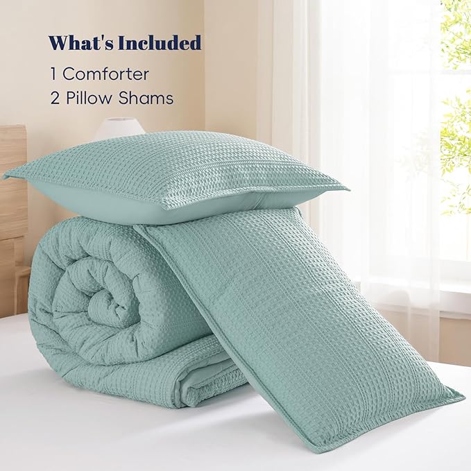 PHF Soft Waffle Comforter Set Queen Size- Comfy Breathable Waffle Weave Comforter with 2 Pillow Shams, 3 Pieces Less Snagging Lightweight Textured Bedding Set for All Season, Aqua