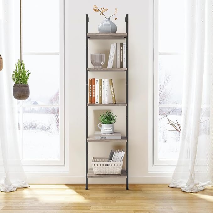 ELYKEN Ladder Shelf, 5-Tier Wood Wall Mounted Bookshelf with Metal Frame, Vintage Open Display Organizer Rack, Leaning Storage Shelves for Living Room, Bedroom, Home Office, Greige