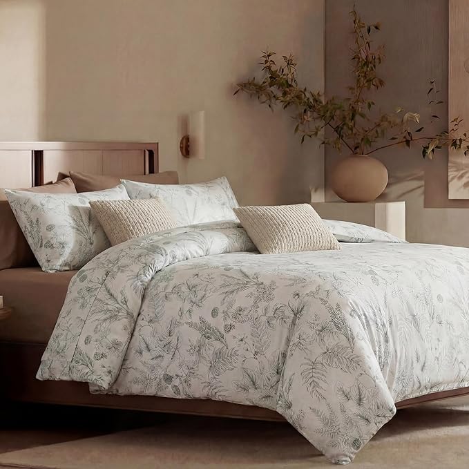 Duvet Cover Set King Size 100% Nature Cotton Reversible Botanical King Duvet Cover Set 3 Pieces Soft & Breathable Bedding Set with Zipper Closure & Corner Ties