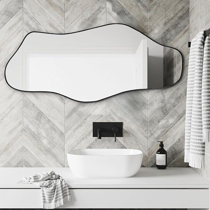 Irregular Mirror, 47.2"x21.6" Asymmetrical Wall Mirror, Abstract Frameless Mirrors Decorative, Modern Unique Shaped Mirrors for Living Room Bathroom Bedroom Hallway Entryway Fireplace