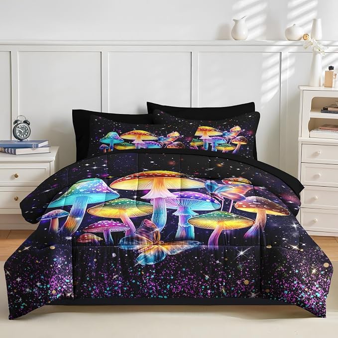 Nesker 7 Pcs Comforter Set King Size, Colorful Mushroom Dream Bedding Set for Kids and Adults, Hippie Plant Bed Sheet Sets with Fitted Sheet 2 Pillowcases & 2 Shams
