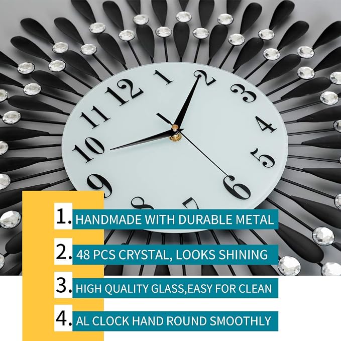 24 INCH Large Wall Clock for Living Room Decor,Non-Ticking Quiet Metal Petals Dial Glass Big Wall Clocks Black for Bedroom,bedrooms Kitchen and Small Space Decoration
