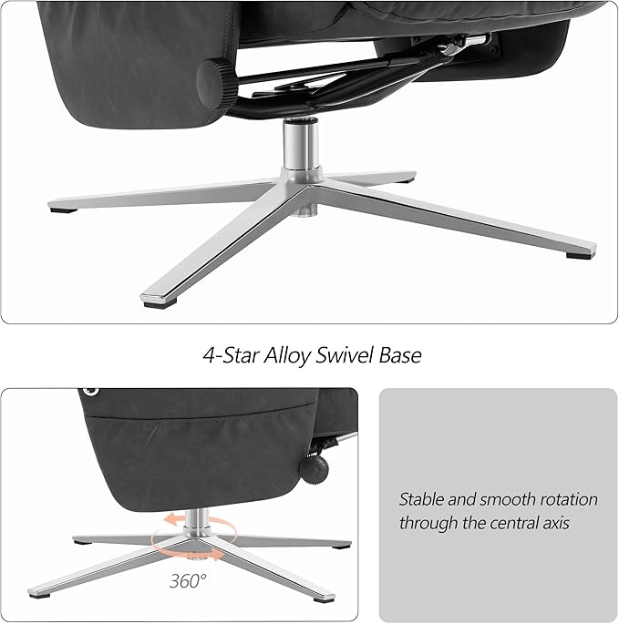 MCombo Swivel Recliner with Ottoman, Modern Heavy-Duty Aluminum Base, Faux Leather Lounge Chair for Small Space, Living Room, or Office 4603 (Dark Grey)