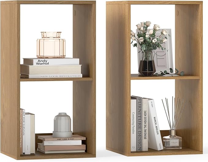 Tangkula 2-Cube Bookcase, 3-Tier Bookshelf with Open Compartments, Freestanding Cube Storage Organizer with Anti-Toppling Kits, Modern Display Shelf for Living Room, Study (2, Natural, 2-Cube)