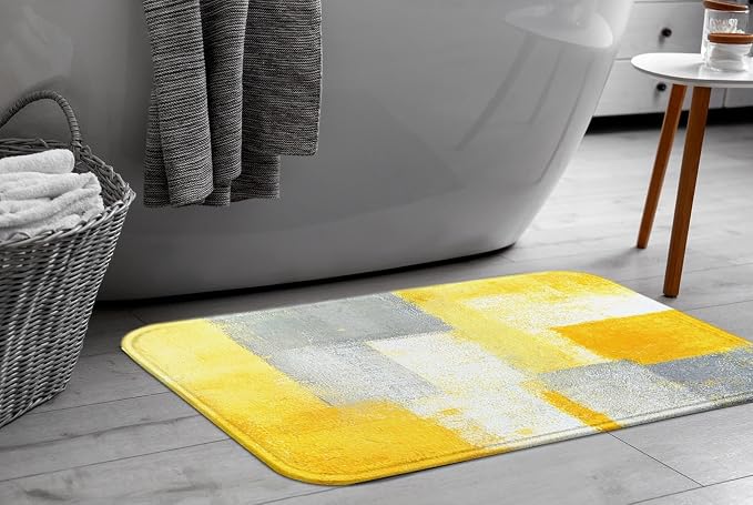 Britimes Bath Mat for Bathroom No Slip Yellow Gray Abstract Graffiti Geometric Floor Rug Carpets Floor Mat Decorations 18x30 inches for Kitchen Bathroom