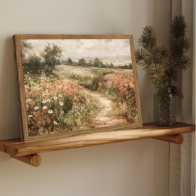 Vintage Floral Wall Art Nature Country Wildflower Wall Decor Painting Modern Botanical Flower Farmhouse Landscape Artwork 3D Textured Sandstone for Living Room Bedroom 24x36 inch Wood Framed