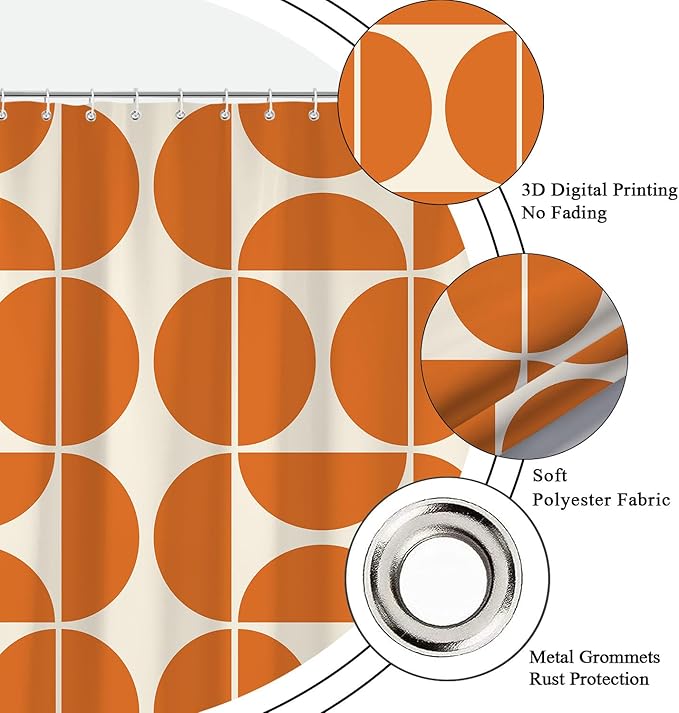 Orange Mid Century Modern Shower Curtain, Boho Abstract Geometric Retro Art Bath Curtains For Bathroom, Colorful Unique Pattern Waterproof Polyester Fabric Bathroom Accessories Set 12 Hooks 72X72IN