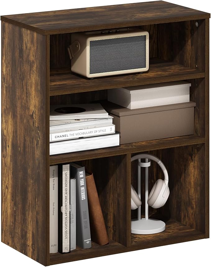 Furinno PASIR Book Shelf, 3-Tier Display Bookshelf with Adjustable Shelf, Cube Storage Bookcase, 11.8 x 23.6 x 28.1, for Living Room, Bedroom, Home Office, Amber Pine