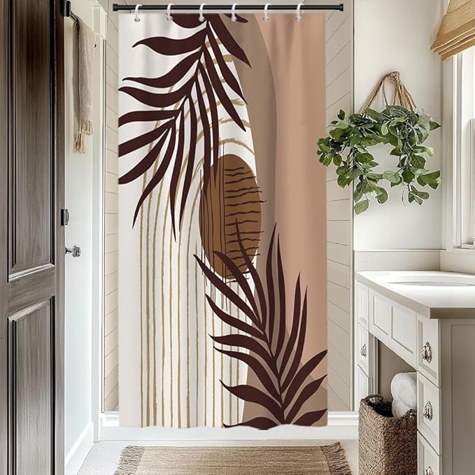 Modern Bohemia Shower Curtain for Bathroom Brown Abstract Minimalist Bathroom Set Decor Stripes Arch Sun Palm Leaves Chic Aesthetic Washable Waterproof Polyester Fabric with Hooks 36x72 Inch