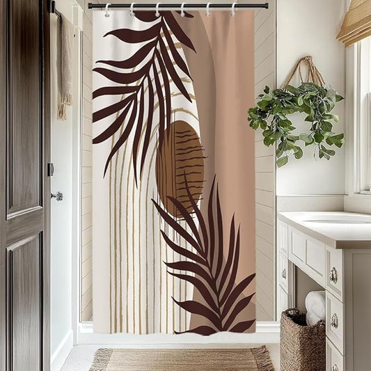 Modern Bohemia Shower Curtain for Bathroom Brown Abstract Minimalist Bathroom Set Decor Stripes Arch Sun Palm Leaves Chic Aesthetic Washable Waterproof Polyester Fabric with Hooks 36x72 Inch