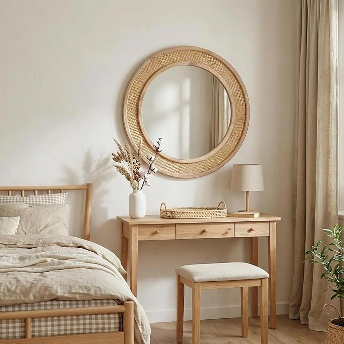 24" Round Rattan Mirror, Circle Wall Mirror, Farmhouse Wooden Vanity Mirror with Handmade Wicker Frame, Decorative Boho Mirror for Nursery Bedroom Living Room Entryway Nature