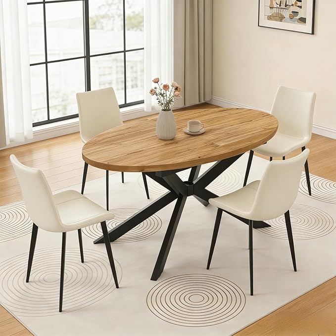 63"-78.7" Extendable Round Dining Table Set for 4, 5 Piece Mid Century Modern Oval Kitchen Table Set, Large Dining Table with 4 Dining Chairs for Living Room Space Saving（Walnut Table+4 Beige Chairs)