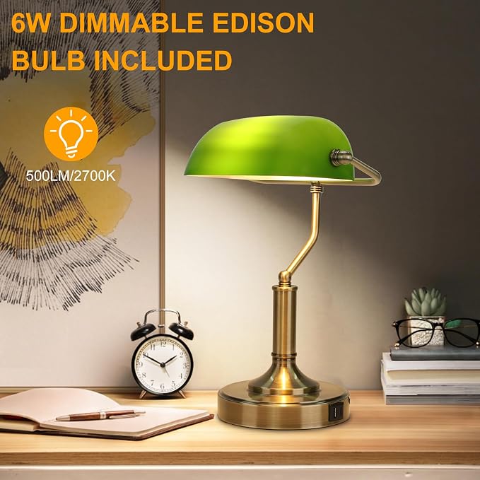 LINNMON Bankers Lamp, Green Desk Lamp with Touch Control Switch, Retro Lamp with USB and Type C Charging Ports, Vintage Lamp for Home Office, Piano, Library, LED Bulb Included (Vintage)