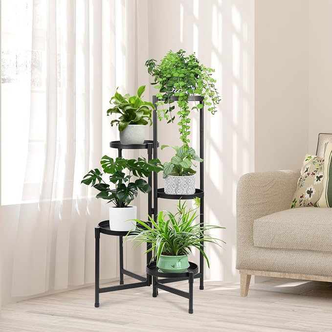 Plant Stand Indoor Outdoor 5 Tier Metal Plant Stand, Foldable Corner Plant Shelf Multi Tiered Flower Pot Holder Display Rack, Heavy Duty Multiple Plant Holder for Patio Living Room Balcony Garden, Black