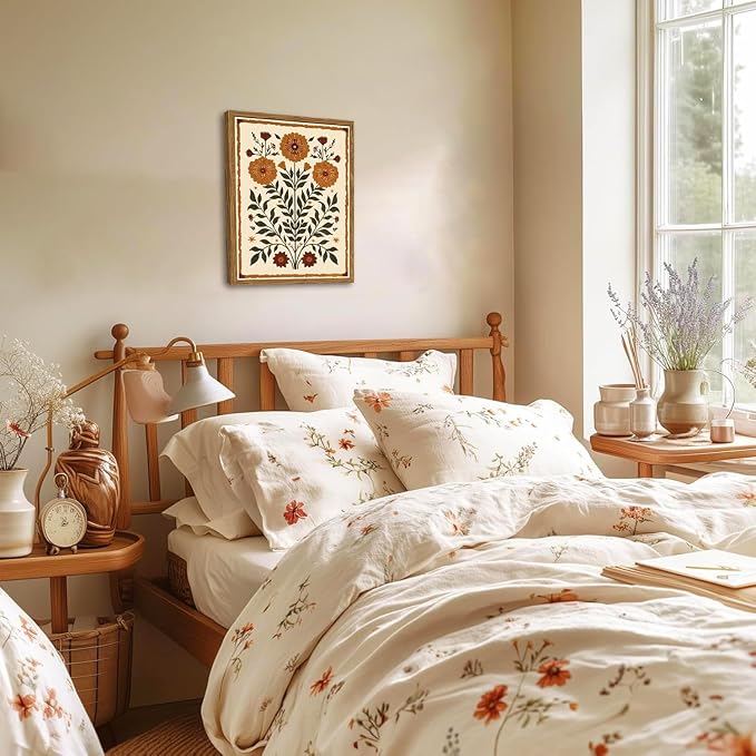 Framed Vintage Mexican Floral Wall Art, Boho Flower Pictures Wall Decor, Folk Marigolds Botanical Paintings Canvas Prints Rustic Home Decor for Living Room Bedroom 16x24 inch