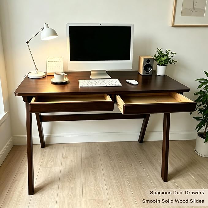 Solid Wood Desk with Drawers, Computer Desk for Home Office, Small Writing Desk for Bedroom & Small Spaces, Sturdy A-Frame, Easy Assembly (Walnut Color, 39inch)