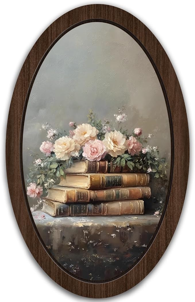 UYIKG Vintage Floral Wall Art Oval Framed,Farmhouse Oval Wooden Wall Decor,Oil Painting Art Wooden Framed Decor for Theme Room Home Bedroom Living Room Reading Room 9x14.6 in