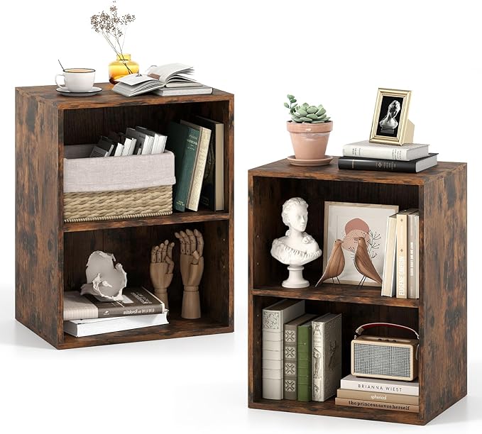 Giantex 2-Cube Bookshelf of 2, 2-Layer Storage Shelf Bookcase w/Large-Capacity Open Storage Space for Living Room Bedroom Study Office, Multi-Functional Furniture Display Cabinet, Rustic Brown