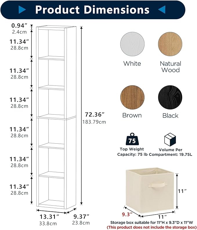 6 Cube Storage Organizer Single Row, Cube Shelf with Heavy-Duty Thick Boards, 13.31" L x 9.37" W x 72.36" H, Smooth Easy-Clean Panels, Simple Assembly, for Living Room Bedroom Office, Black