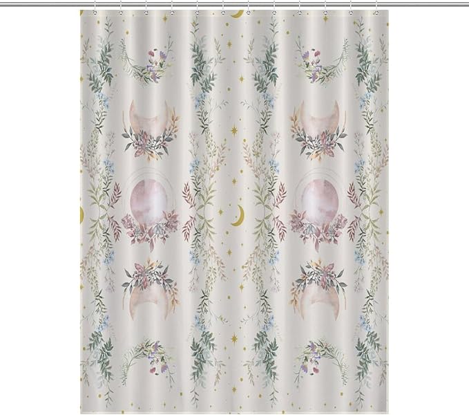 Moon Phase Flowers Shower Curtain Moonlit Herb Wildflower Witchy Celestial Flower Botanical Waterproof Shower Curtains for Bathroom Decor 12 Pack Hooks 55x72in（140x183cm）