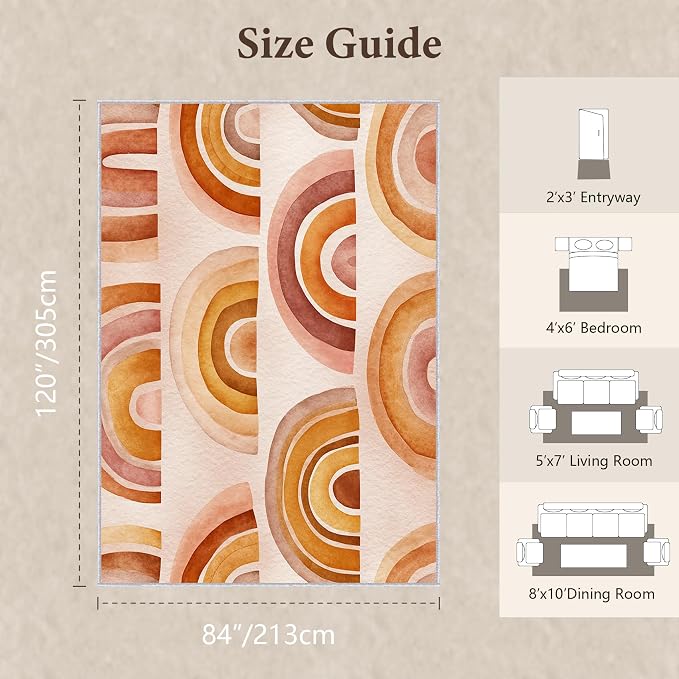 Retro Arcs Area Rug 7x10, Minimalist Arch Pattern Rug, Modern Retro Neutral Carpet for Living Room Bedroom, Non Slip Washable Rug