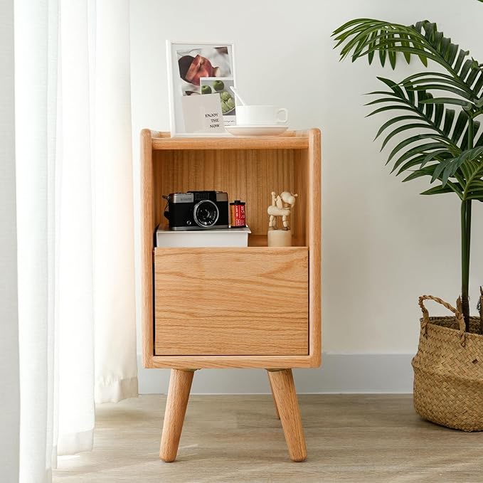 Night Stand, Solid Wood Nightsatnd with One Drawer & Open Shelf, Mid Century Modern Nightstand, Durable & Sturdy Small End Table, 11.81 W x 15.75 D x 22.05 H Inches, (Natural)