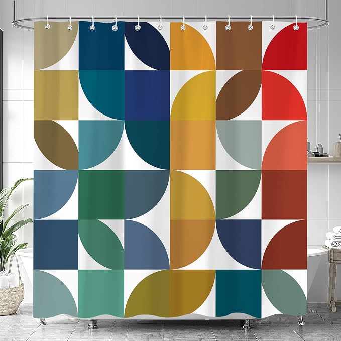 Colorful Mid Century Modern Shower Curtain, Boho Abstract Geometric Retro Art Shower Curtains for Bathroom, Rainbow Unique Cute Pattern Polyester Fabric Bathroom Set 12 Hooks 72X84IN