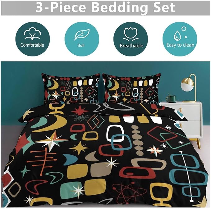 Modern Geometric Comforter Set,Retro Mid Century Colorful Diamond Abstract Geometric Vintage 60s 70s Pattern Bedding Set with Pillowcase for Bedroom Bed Decor,Full 79"x90"