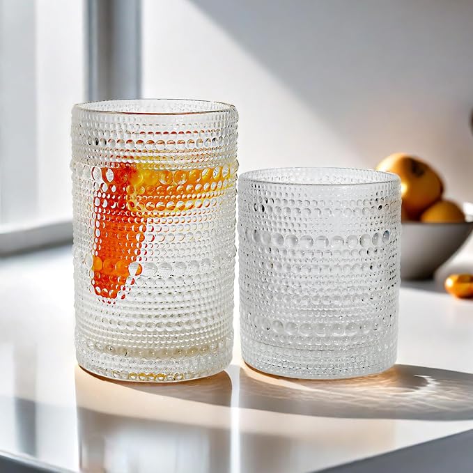 Vintage Hobnail Driinking Glasses Set, Glassware Drinking Set of 8, 12 oz Highball Glasses & 10 oz Cocktail Glasses, Tumbler Glasses for Cocktails, Whiskey, Juice, Milk, Clear