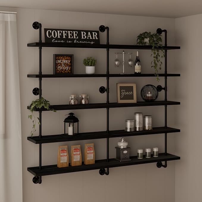 HDDFER Floating Shelves for Wall Bookshelf Industrial Pipe Shelving Shelves 60 Inch 5 Tier Natural Wood Planks Rustic Wall Shelves Hanging Bookshelves Farmhouse Kitchen Shelving