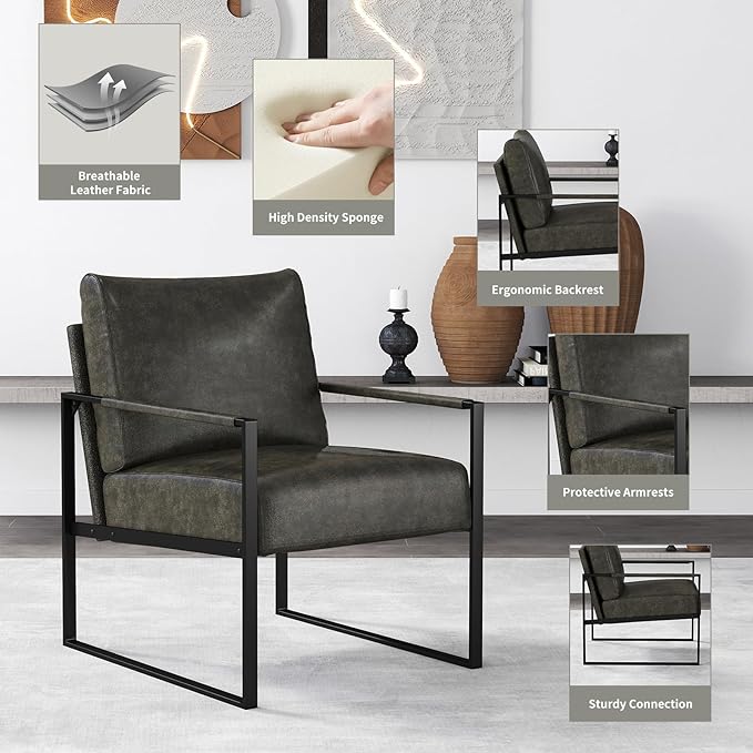 CANMOV Mid Century Modern Accent Chair, PU Leather Armchair with Metal Frame,Comfy Single Reading Chair with Soft Padded Backrest and Cushion for Living Room, Bedroom,Reading Room,Office,Dark Grey