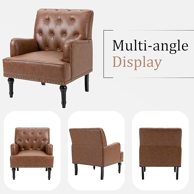 MOJAY Faux Leather Accent Chair Set of 2, Mid-Century Modern Living Room Chair Lounge Study Sofa Chair with Sturdy Wood Legs, Club Chair Armchair for Bedroom Home Study Reception (Brown)
