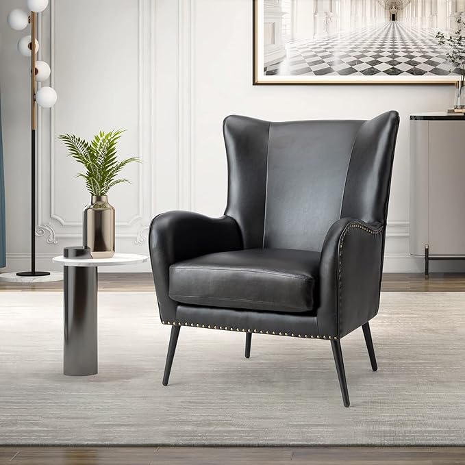HULALA HOME Faux Leather Accent Chair with Removable Cushion, Comfy Upholstered Armchair with Black Metal Legs & Nailhead Trim Wingback Vanity Chair for Reading Living Room Bedroom, Black