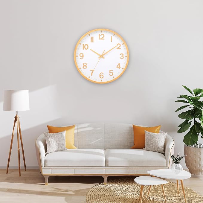 Wall Clocks Battery Operated 12 inch Modern Wall Clock,Silent Non Ticking Wall Clock for Living Room Bedroom Kitchen Office Classroom Decor (Wood Grain Yellow White)