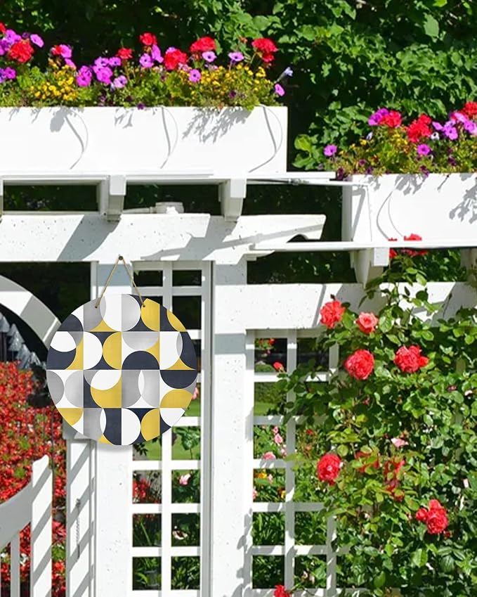 Welcome Sign for Front Door Mid Century Geometric Wood Door Hanger for Outdoor Outside Porch,12 Inch Round Wooden Wreath Indoor Wall Hanging Decoration, Abstract Modern Yellow
