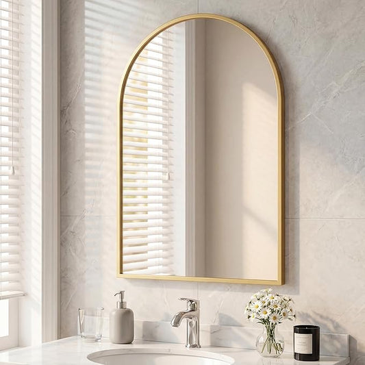 Arched Gold Bathroom Mirrors for Wall, 26x38-Inch Bathroom Mirror for Over Sink, Wall Vanity Mirror with Matte Metal Frame and HD Shatter-Proof Glass for Entryway, Living Room, Bedroom