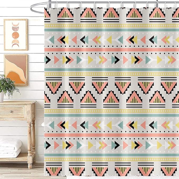 Mid Century Shower Curtain Boho Abstract Colorful Geometric Triangle Gear Lines Pattern for Modern Bathroom Decor Accessories Shower Curtain Set with 12 Hooks, 72x84 Inches