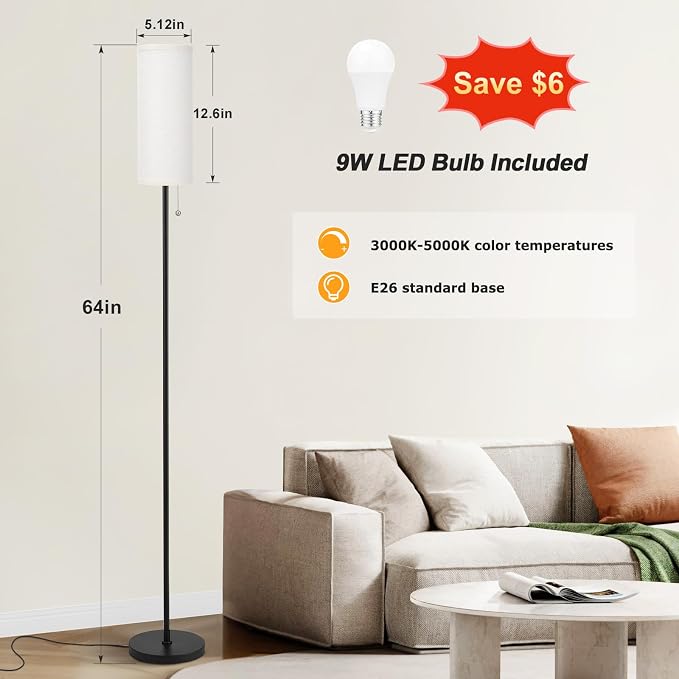Ambimall 64'' Floor Lamp for Living Room with Bulb, 3 Color Temperature, Tall Lamps with Beige Lampshade & Pull Chain Switch, Pole Lamps Suitable for Bedrooms Study, Minimalist Floor Lamp