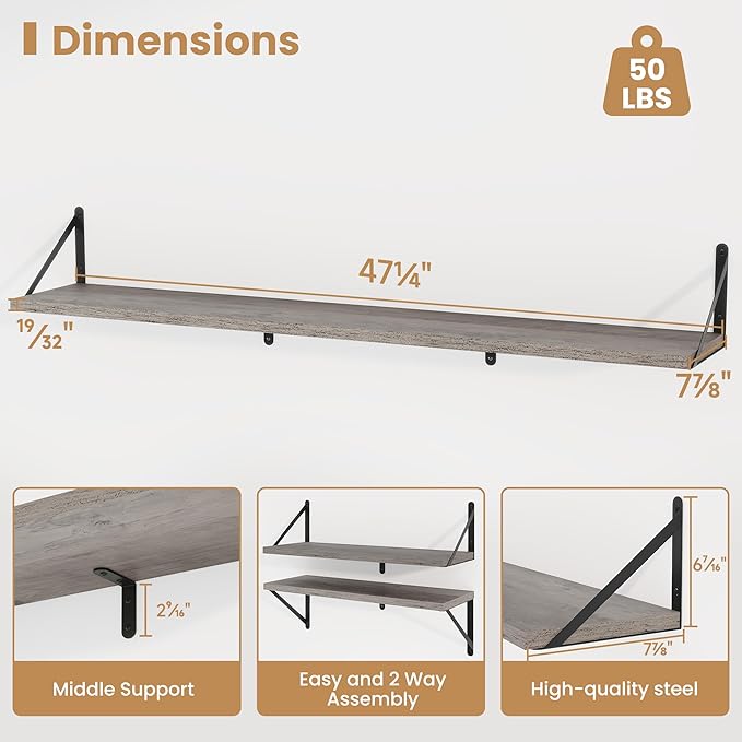 Heimlove Floating Book Shelves for Wall,47.2 Inches Long Wall Mounted Bookshelves,Heavy Duty Bracket Shelves for Living Room Kitchen,Laundry Room Storage & Decor,Set of 3,Silver Grey