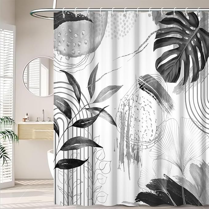 Mid Century Boho Shower Curtain Gray Tropical Palm Leaf Abstract Geometric Minimalist Aesthetic Bathroom Decor Watercolor Plant Bath Curtain Washable Waterproof Polyester Fabric with Hooks 72x72 Inch
