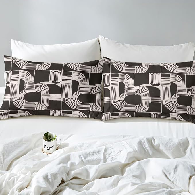 Erosebridal Brown and Beige Kids Queen Bedding Set Bohemian Geometric Comforter Cover for Boys Teens Adult Mid Century Abstract Duvet Cover 3-Piece Boho Stripes Minimalist Bed Sets Bedroom Decor