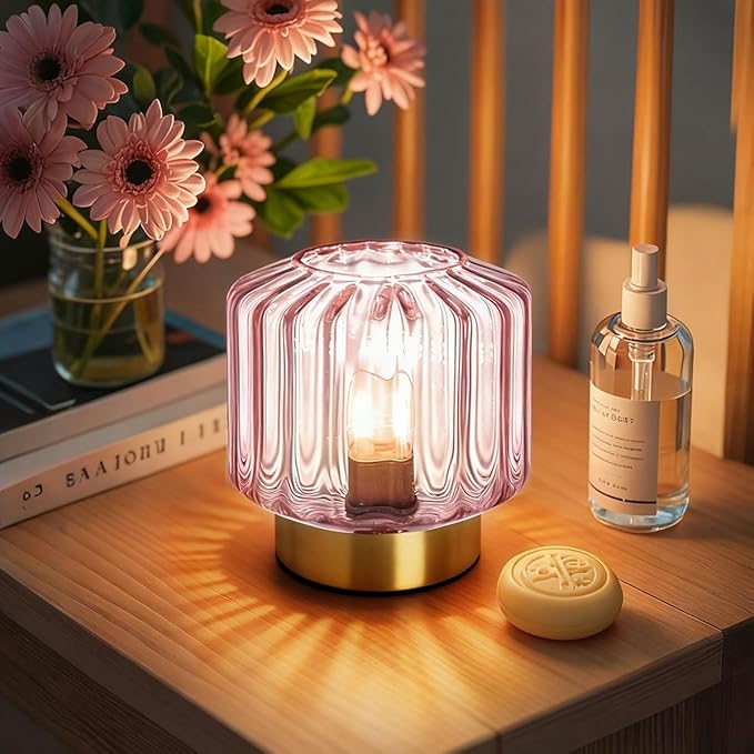Small Touch Table Lamp for Bedside, Pink Glass Table Lamps with Gold Metal Base, Mid Century Modern Lamps Mini Table Lamp nightstand lamp Globe Desk lamp for Bedroom Living Room Office