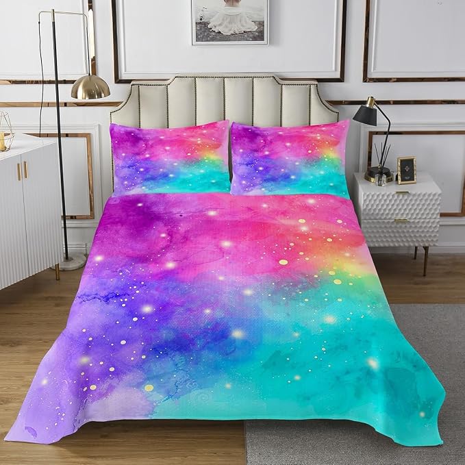 Erosebridal Rainbow Galaxy Bedspread Queen Size Pink Purple Blue Teal Quilt Set, Psychedelic Stars Coverlet Set Colorful Tie Dye Bedding Set, Grunge Ombre Gradient Bed Cover Girly Room Decor 3pcs