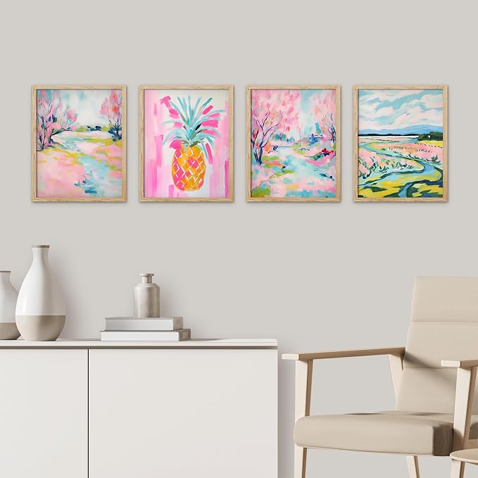 SIGNWIN Framed Vibrant Landscape and Pineapple Colorful Preppy Room Decor Pink Decor Digital Art Modern Art Decorative Multicolor Scenic for Bedroom - 12"x16"x4 Natural